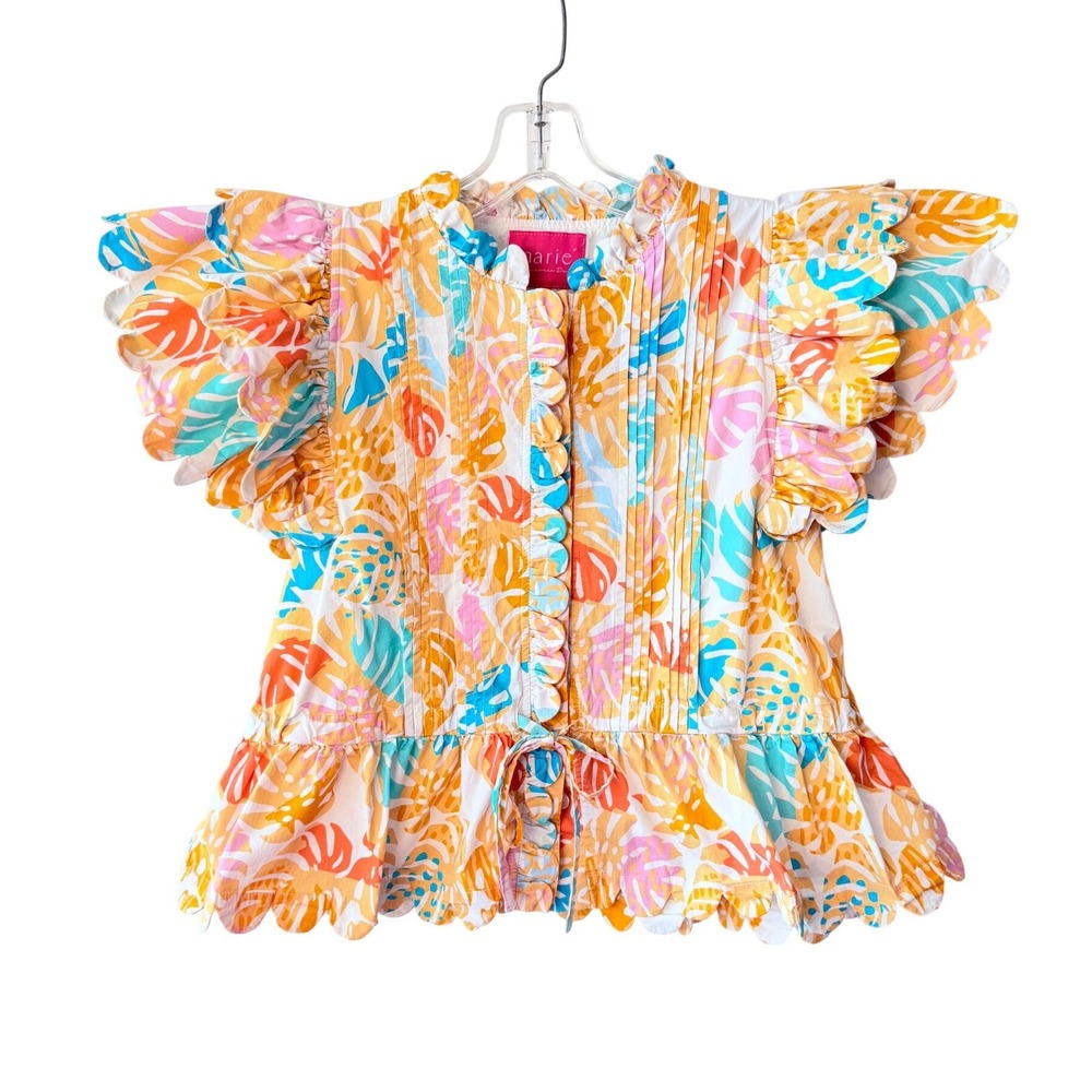 MARIE‎ BY VICTORIA DUNN Tropical Preppy Coastal Beach Scallop Ruffle Hem Top XS